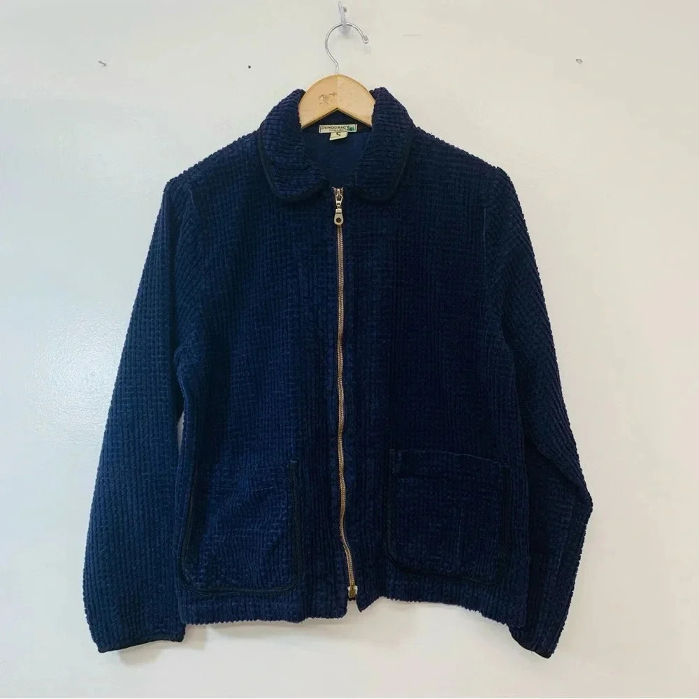Democracy Womans Cordory Full Zip Jacket  Small Navy Blue Patch Pockets Textured